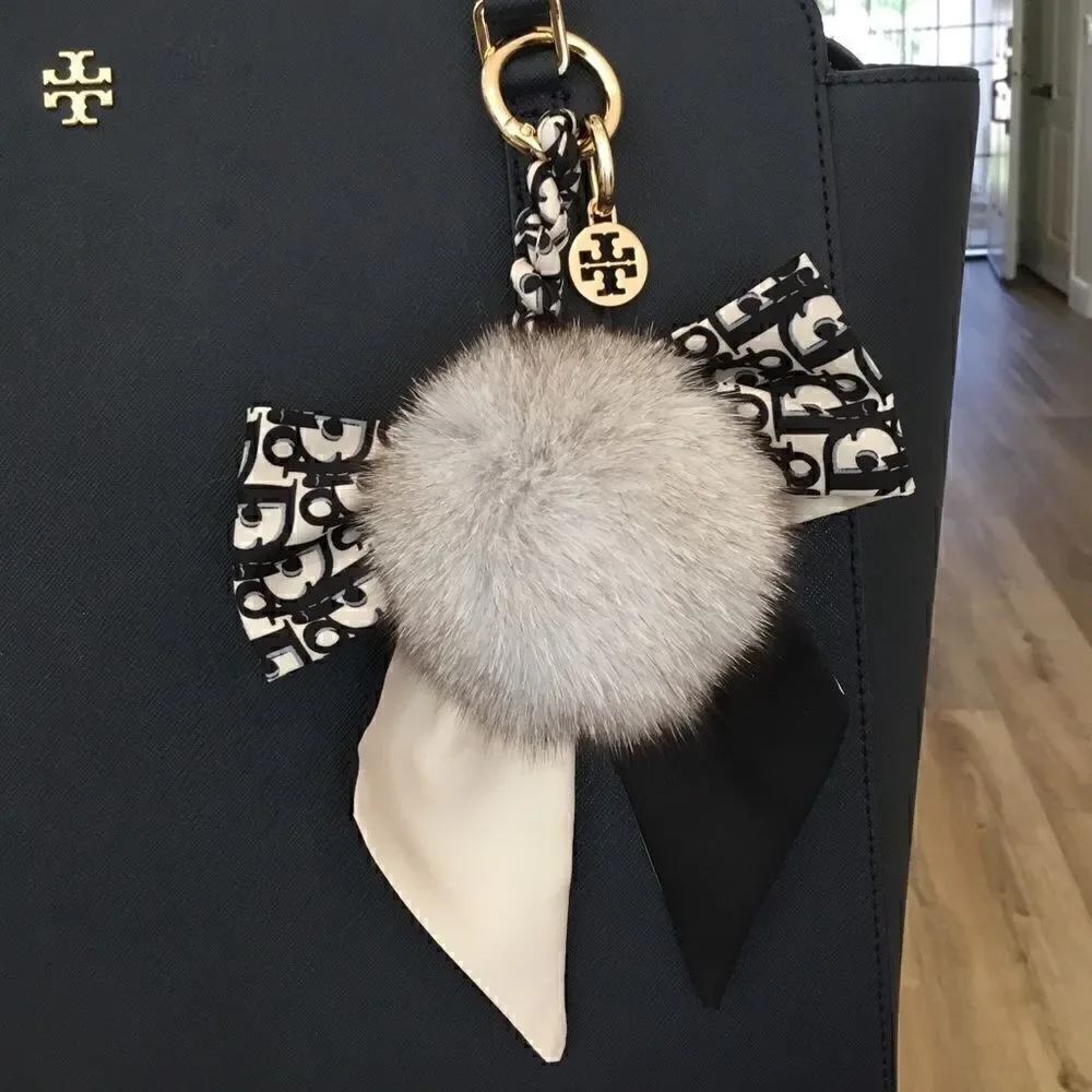 TORY BURCH KEY RING FOX FUR SILKY BOW